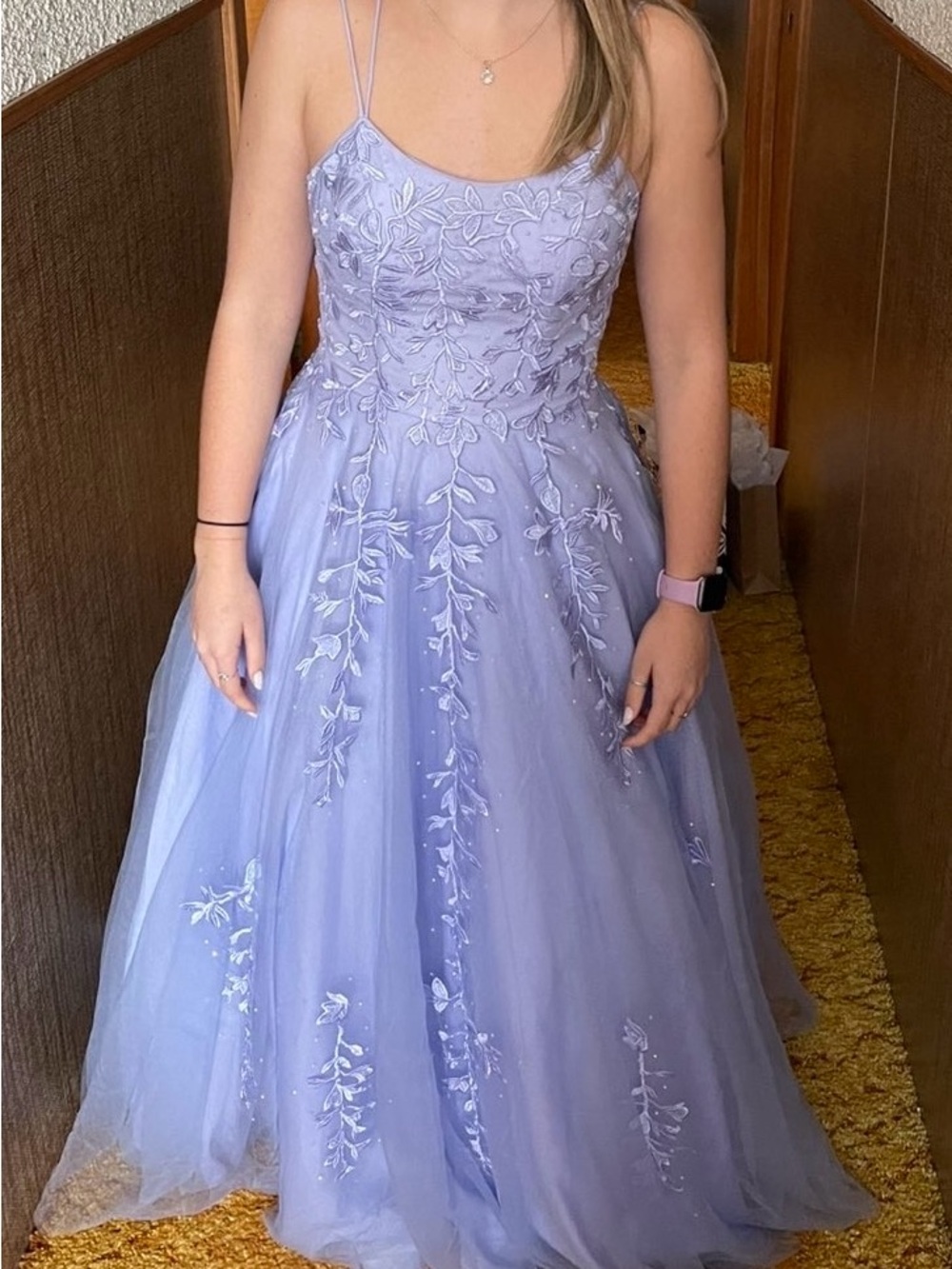 Lilac Spaghetti-Strap Embroidered Tulle Prom Dress